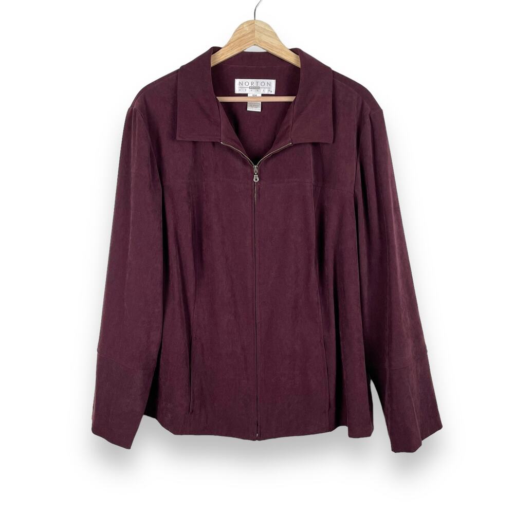 90s Vintage Burgundy Suede Jacket Long Sleeve Zip Up Blazer w Pockets Size 18W